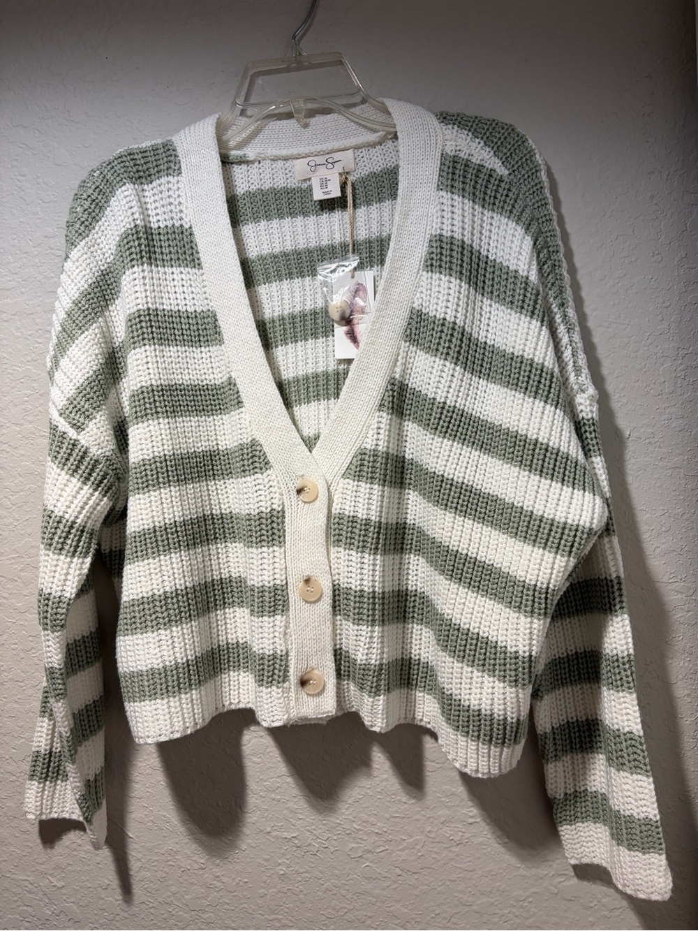 Jessica Simpson Striped Button Front Cardigan - Sage Green & Cream